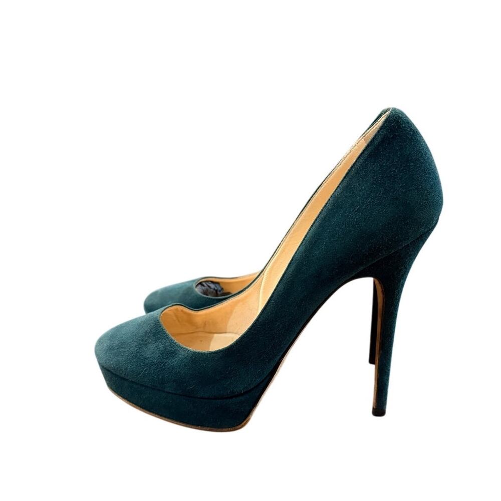 Jimmy Choo 38 Forest Green Cosmic 120 Platform Suede Pumps Stiletto Heels 8 - Picture 4 of 8
